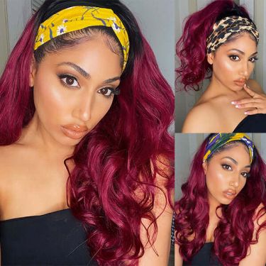Sugar Plum Color Headband Wig With Natural Black Root | Throw On & Go  (get Free 5 Trendy Headband) 