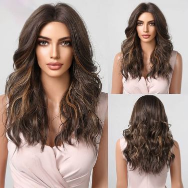 Dark Brown with Blonde Highlight Loose Wave Lace Front Wig 100% Human Hair