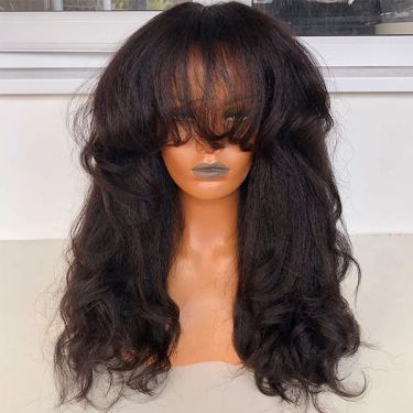 Kinky Wavy Natural Color Human Hair Lace Front Wigs With Bangs