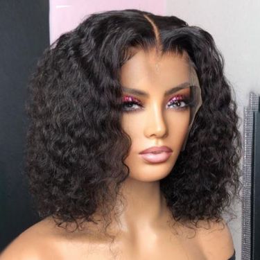 Short Curly Natural Black Human Hair 360 Lace Frontal Wigs