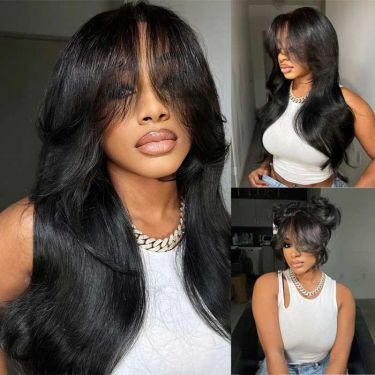 360 Lace Wig Glueless Straight Human Hair Wigs with Butterfly Bangs