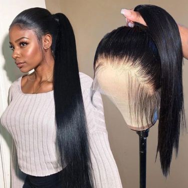 Long Straight Natural Black 360 Lace Wig Pre-Plucked 100% Human Hair
