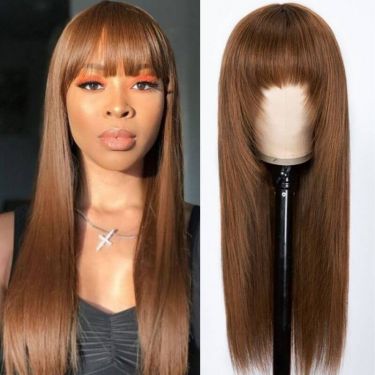 Glueless Wigs Dark Brown Straight Wig with Bangs Lace Closure Wig