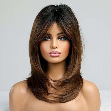 Ombre Brown Layered Cut Straight Human Hair 4X4 Lace Wig with Bangs