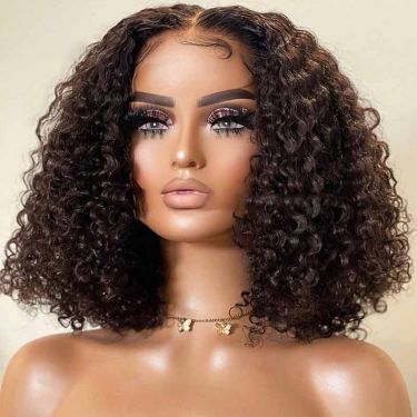 Short Bob Wig 4X4 Curly Human Hair Lace Closure Wig 180% Density