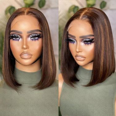 Chestnut Brown Highlights Straight 4x4 Lace Closure Bob Wig