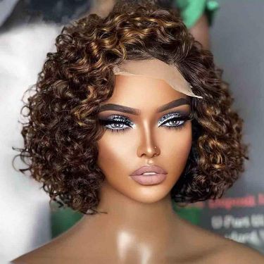 Glueless Short Curly Bob Wigs Brown with Blonde Highlight 4X4 Lace Wig Human Hair