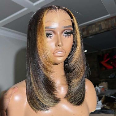Highlight Honey Layered Cut Straight Human Hair 4x4 Lace Wig Glueless Bob Wig