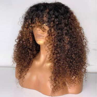 Ombre Brown Curly Human Hair Bangs Wigs 4X4 Lace Wig 180% Density