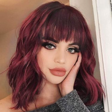 Bob Wig with Bangs Short Wavy Hair Wigs Wine Red Color Wigs