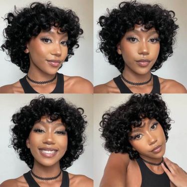 Short Bob Bouncy Afro Curly Wig with Bangs Human Hair Pixie Cut Wig 4X4 Lace Wig