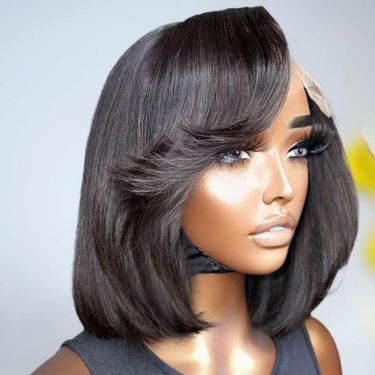 Short Bob Side Part Wig 4X4 Lace Wig with Side Bangs 100% Human Hair