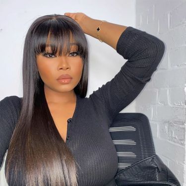 Glueless Silky Straight Natural Black 4X4 Lace Wig with Bangs Human Hair