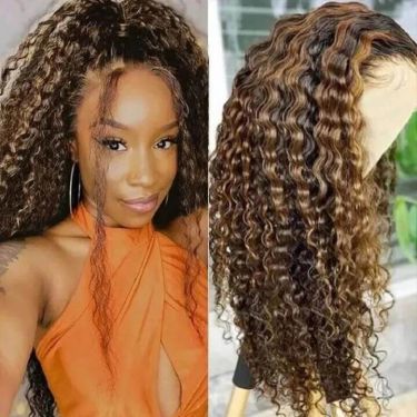 Highlight Curly Human Hair Honey Blonde Brown Lace Front Wig