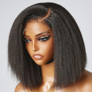 Side Parted Kinky Straight Lace Bob Wig with 4C Edges
