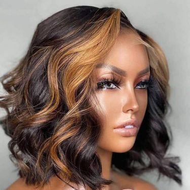 4X4 Highlight Honey Blonde Brazilian Body Wave Lace Closure Human Hair Bob Wigs