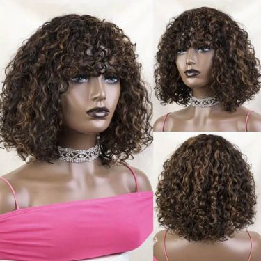 Jerry Curly Brown Highlight Bob Wig with Bangs 5x5 Closure Lace Wig 180% Density