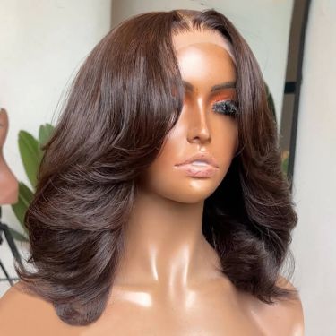 Glueless Wigs Light Brown Layered Wavy 5X5 Closure Lace Wig 100% Human Hair