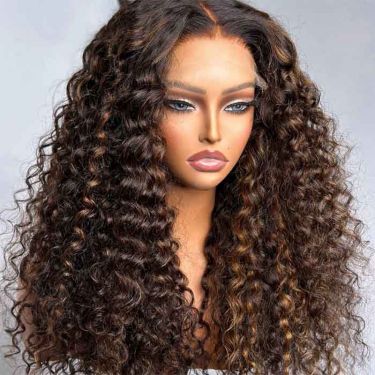 Glueless Chestnut Brown Highlights Deep Curly Free Parting 5x5 Closure Lace Wig 180% Density