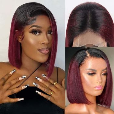 Burgundy Ombre Color Human Hair Free Parting Bob Wigs 5x5 Closure Lace Wig