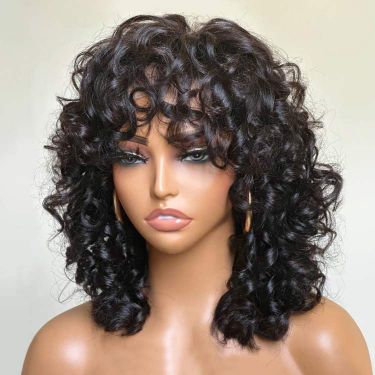 Glueless Wig Bouncy Curly Human Hair 5X5 Closure Lace Wig With Bangs
