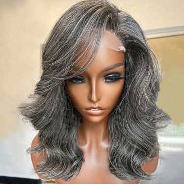 Salt And Pepper Grey Wig Side Part Layered Cut 5X5 Closure Lace Wig