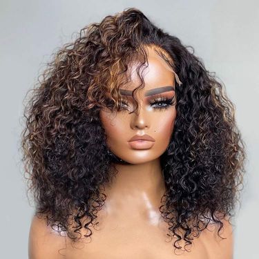 Glueless Curly Bangs Black with Blonde Highlights 5x5 Closure Lace Wig 180% Density