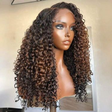 Glueless Ombre Brown Highlight Color with Curly Edges 5x5 Closure Lace Wig
