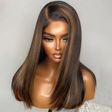 Glueless Natural Black with Brown Highlights Straight Bob Wigs 5X5 Closure Lace Wig