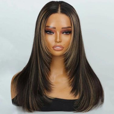 Glueless Straight Layered Cut Blonde Highlights 5X5 Closure Lace Wig