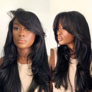 Layered Cut Wavy C Part Wig 5x5 Closure Lace Wig with Bangs