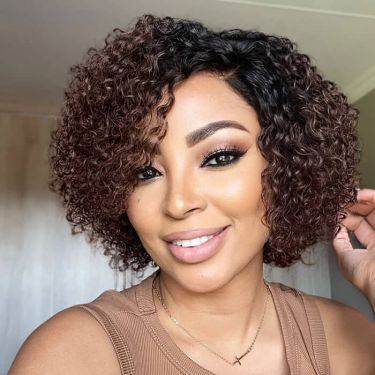 Ombre Brown Fluffy Deep Curly Glueless 5X5 Closure Lace Wig Human Hair Bob Wigs