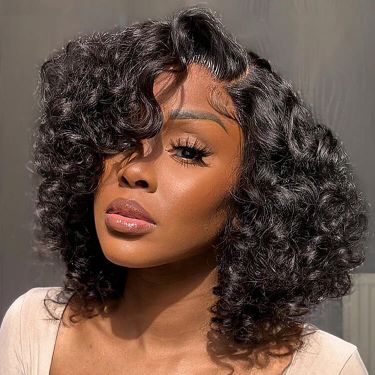 Mature Bouncy Side Part Loose Curly Glueless 5X5 Closure Lace Wig Human Hair Bob Wig