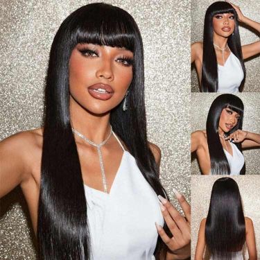 Glueless Natural Black 5X5 Closure Lace Wig Human Hair Wigs With Bangs