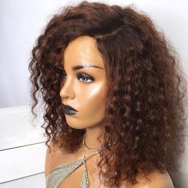 Glueless Brown Curly Side Part 5X5 Closure Lace Wig Human Hair