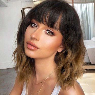 Short Wavy Brown Ombre Bob Wigs with Bangs 5x5 Closure Lace Wig