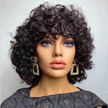 Double Drawn Short Curly Bob Wigs With Bang Pixie Cut Human Hair