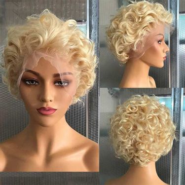 Short Pixie Cut Curly 613 Blond Hair Lace Bob Wig with Baby Hair