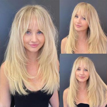 Layered Cut Blonde Ombre Human Hair Glueless Lace Front Wig with Bangs