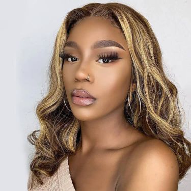 Brown with Blonde Highlight Body Wave Lace Front Wig Glueless Human Hair