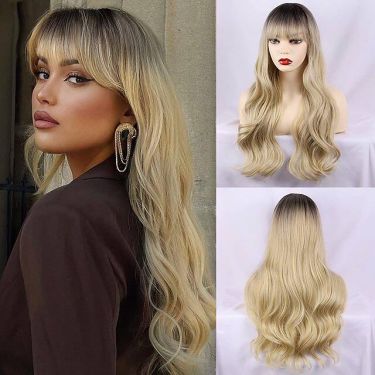 Blonde Ombre Long Wavy Human Hair 13X4 Lace Front Wig with Bangs