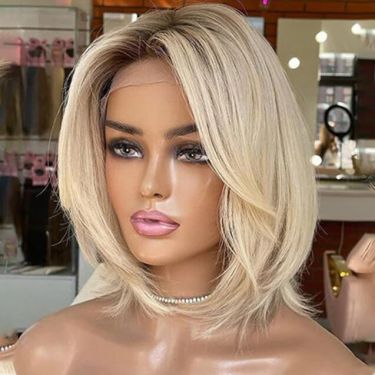 Dark Root Ombre Ash Blonde Straight Layered Cut 13x4 Lace Front Bob Wig Human Hair