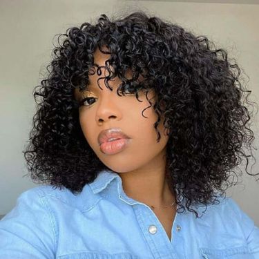 Bouncy Curly Wig with Bangs Glueless Affordable Short Human Hair Wigs For Women 