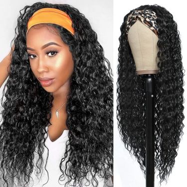 Headband Wigs for Black Women Curly Glueless Wigs Human Hair #1B 