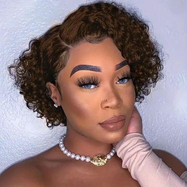 Short Pixie Cut Curly Side Part Lace Front Wig Brown Human Hair Bob Wigs