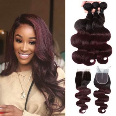 Ombre Burgundy Body Wave 3 Bundles With Closure 100% Human Hair