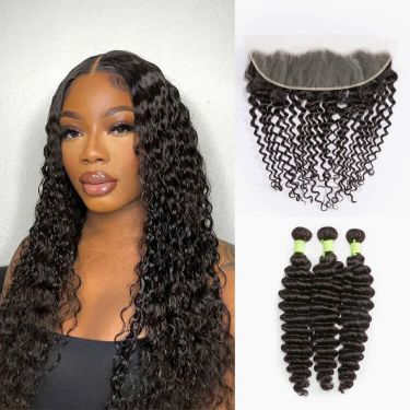 Deep Wave 13x4 Frontal Lace With 3 Bundles 100% Human Hair