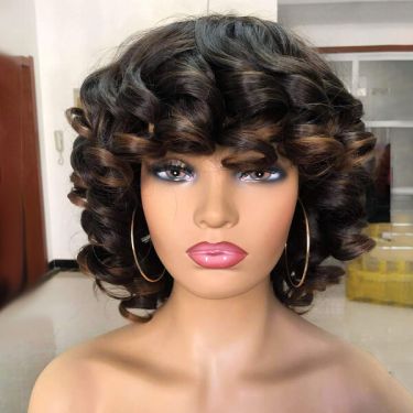 Short Ombre Dark Brown Afro Curly with Bangs Full Machine Made Wig No Lace Wigs