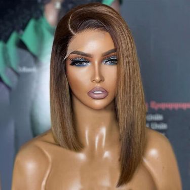 Ombre Brown Asymmetric Straight Human Hair Lace Front Wig