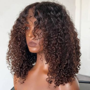 Afro Kinky Curly Wig With Bangs Ombre Brown Human Hair 13X4 Lace Front Wig